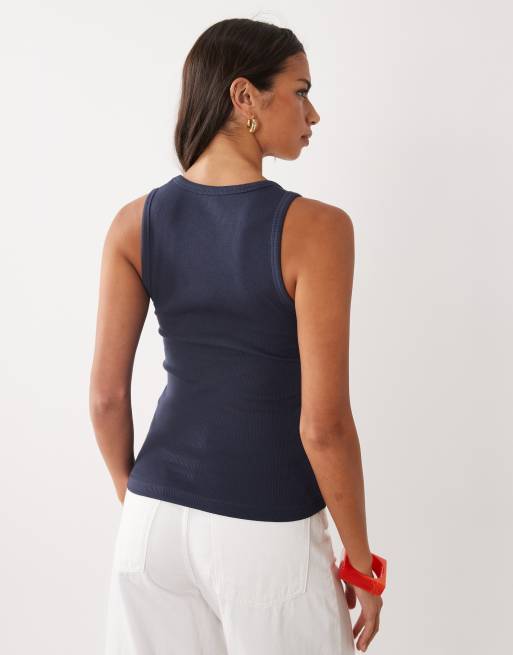 ASOS DESIGN embellished ribbed tank top with vintage lips graphic in navy, 4 of 4
