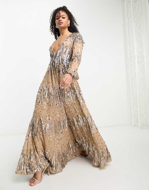 ASOS DESIGN embellished scatter sequin plunge maxi dress with balloon sleeves in taupe