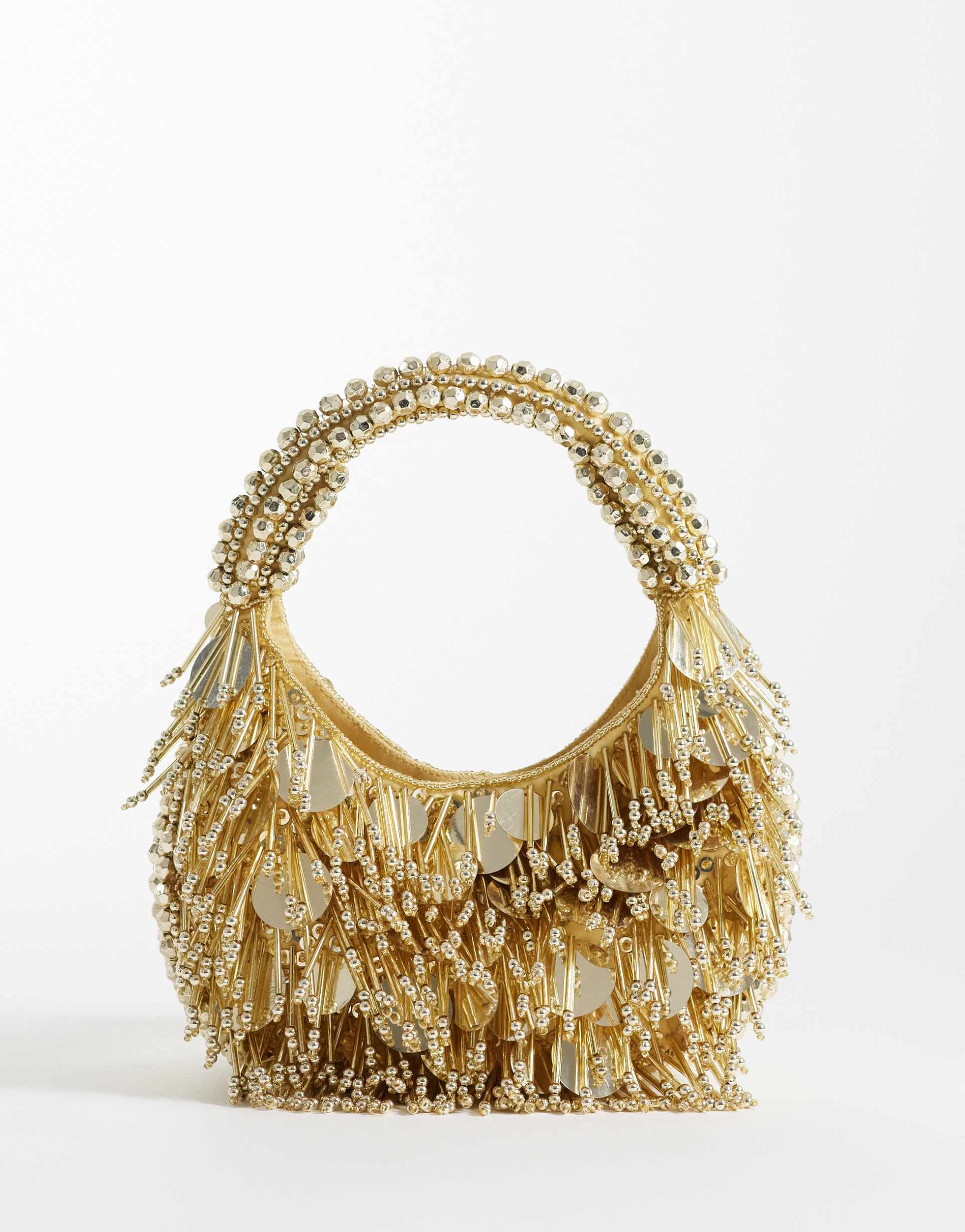 asos design embellished scoop sequin and bead bag in gold