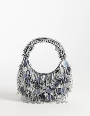 Asos Design Embellished Scoop Sequin And Bead Bag In Silver