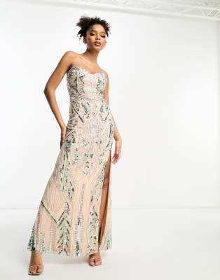 Asos Design Embellished Sequin Bandeau Maxi Dress In Beige And Mint-neutral