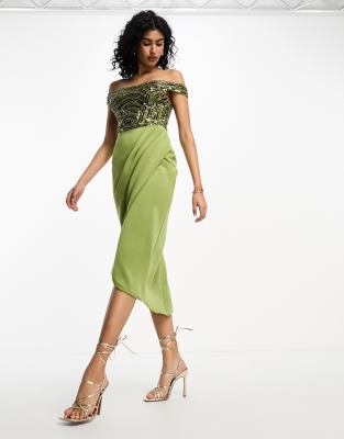 ASOS DESIGN Maternity textured twist front pleated midi dress with all-over  embroidery in khaki