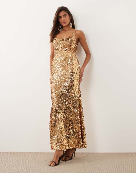 ASOS DESIGN embellished sequin cami scoop maxi dress in gold sequin - view 1