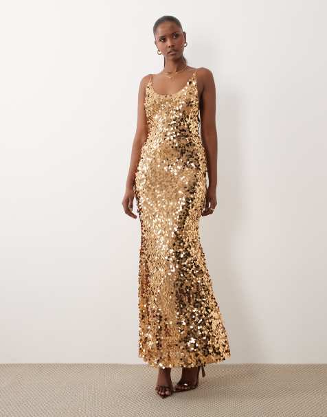 ASOS DESIGN embellished sequin cami scoop maxi dress in gold sequin