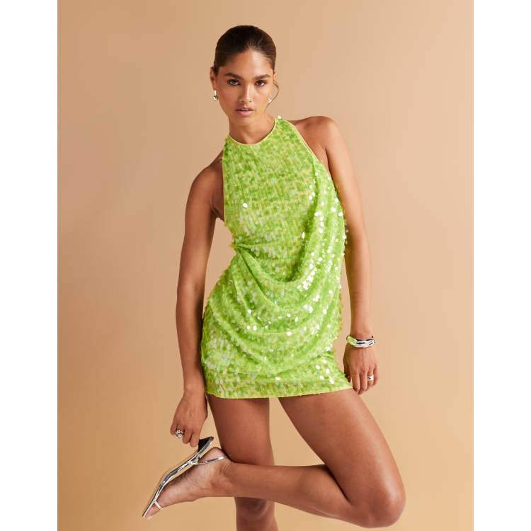 ASOS DESIGN embellished sequin draped front mini dress with high neck and  open back in neon green | ASOS