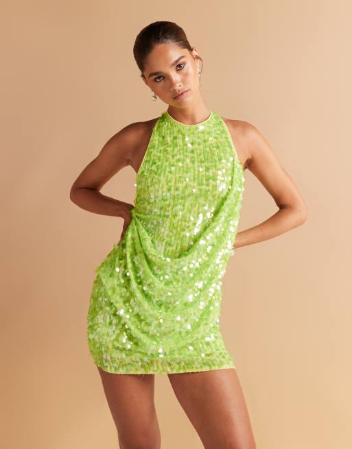 ASOS DESIGN embellished sequin draped front mini dress with high neck and open back in neon green