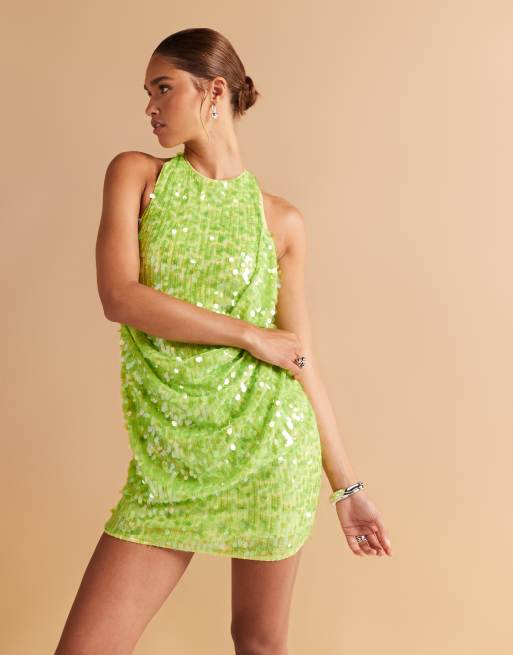 ASOS DESIGN embellished sequin draped front mini dress with high neck and open back in neon green