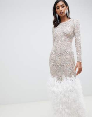 long sequin dress with feathers