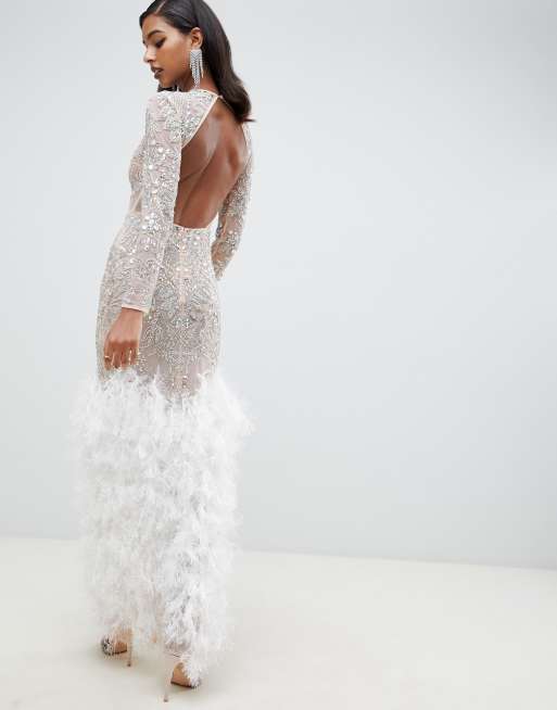 white sequin dress with feathers