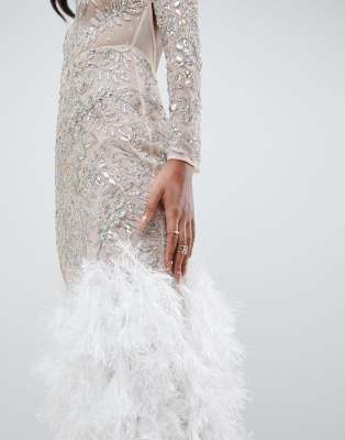 asos design embellished sequin maxi dress with faux feather trim