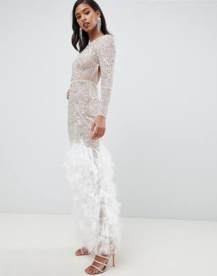 asos design embellished sequin maxi dress with faux feather trim