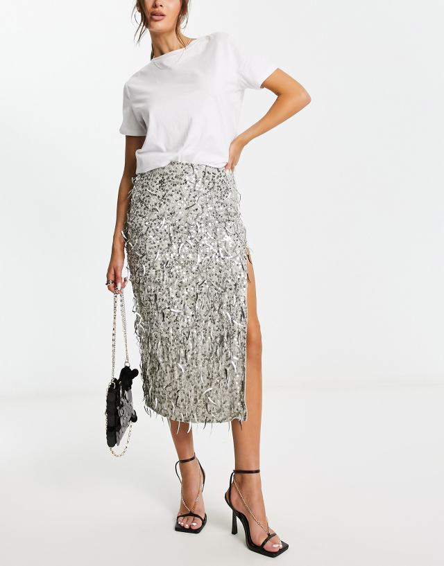 ASOS DESIGN embellished sequin midi skirt in silver