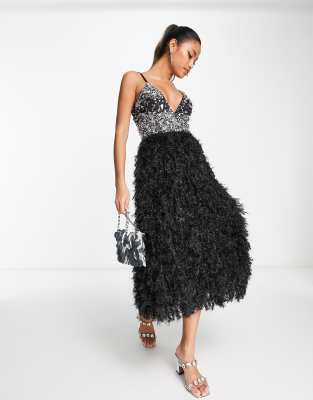 ASOS DESIGN embellished sequin plunge neck faux feather midi dress in black