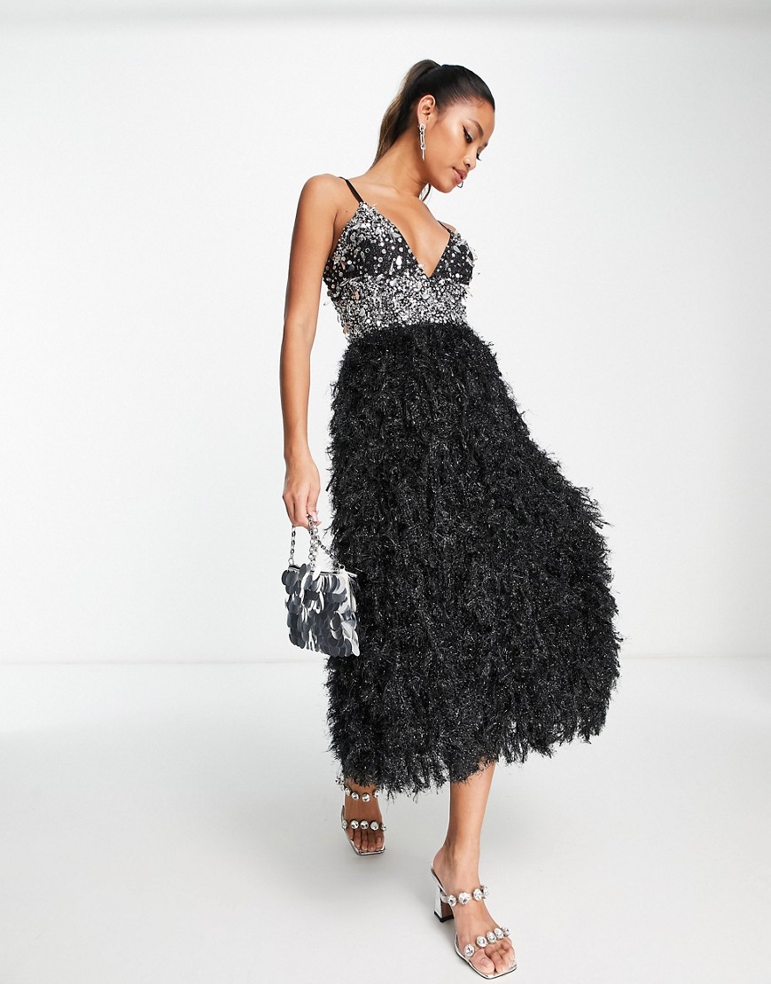 Asos Design Embellished Sequin Plunge Neck Faux Feather Midi Dress In Black