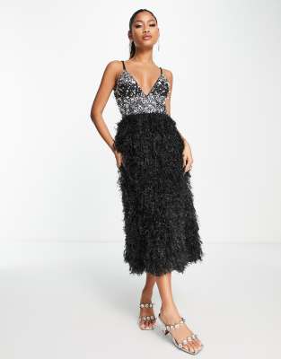 ASOS DESIGN embellished sequin plunge neck faux feather midi dress in black  | ASOS