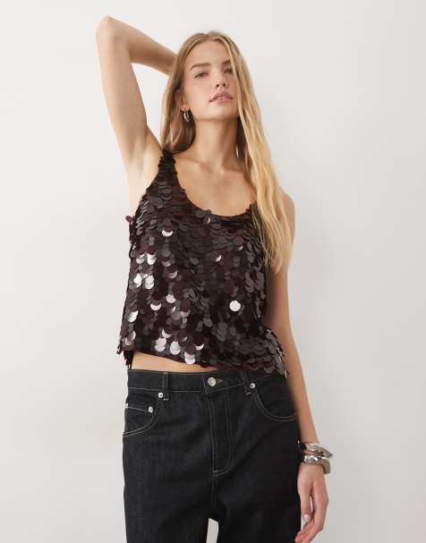 ASOS DESIGN embellished sequin scoop neck cami in chocolate - view 1