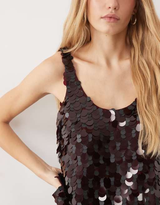 ASOS DESIGN embellished sequin scoop neck cami in chocolate, 3 of 4