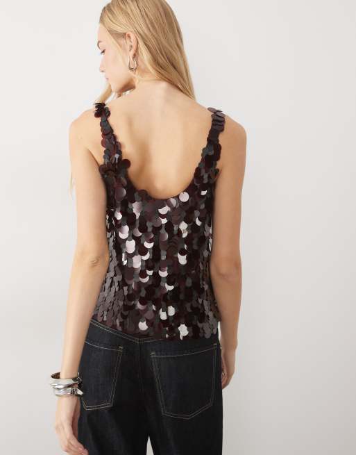 ASOS DESIGN embellished sequin scoop neck cami in chocolate, 4 of 4