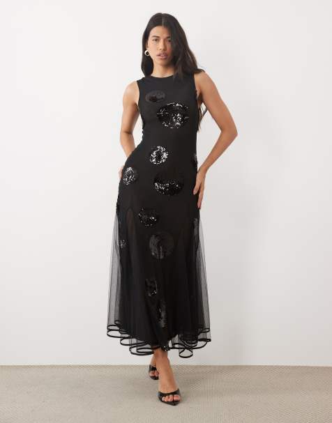 ASOS DESIGN embellished sequin spot maxi dress in black