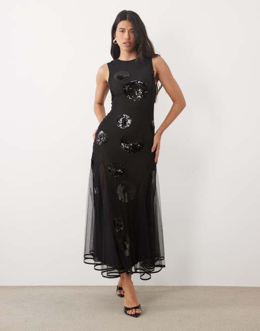 asos black sequin dress DESIGN embellished spot maxi in catching look for your