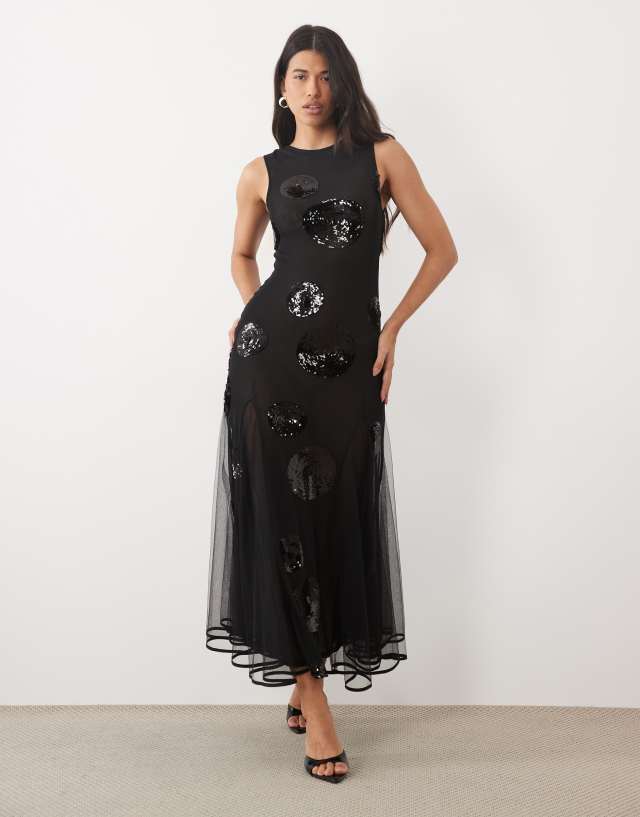 ASOS DESIGN embellished sequin spot maxi dress in black