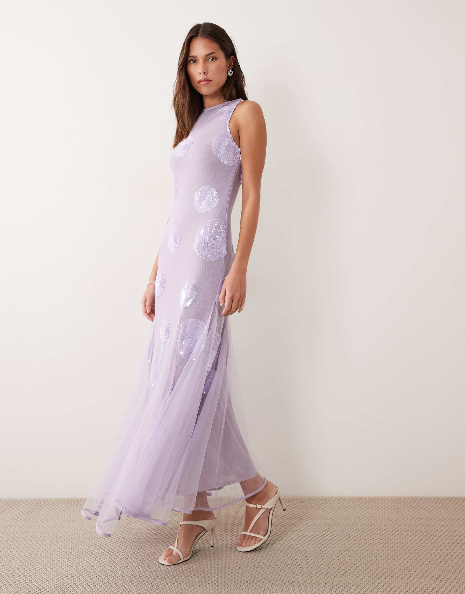 asos design embellished sequin spot maxi dress in lilac