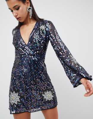 ASOS DESIGN Embellished Sequin Star Mini Dress-Navy