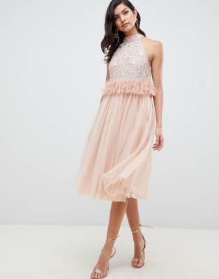 asos design embellished open back tulle midi dress