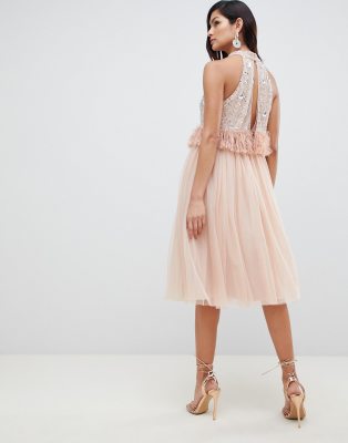 asos design crop top fringe embellishment tulle midi dress
