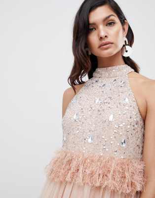 asos design crop top fringe embellishment tulle midi dress