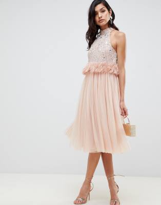 asos design crop top fringe embellishment tulle midi dress