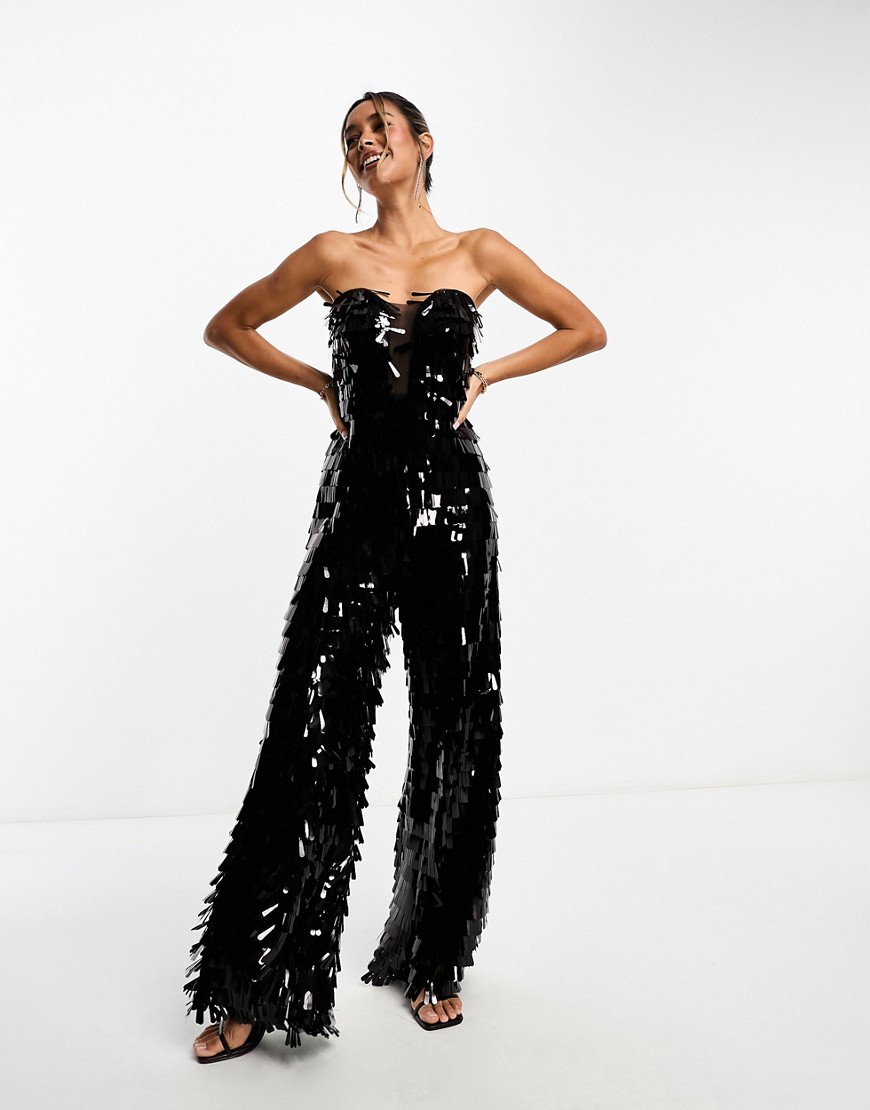 ASOS DESIGN embellished shard sequin bandeau jumpsuit with mesh detail in black