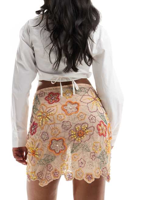 ASOS DESIGN embellished sheer floral mini skirt