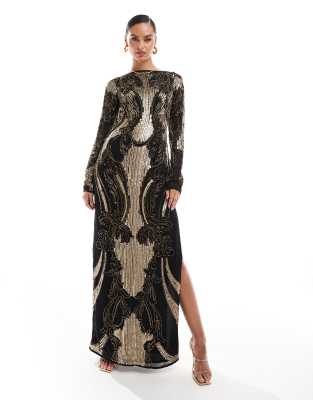 Asos Design Embellished Sheer Long Sleeve Column Maxi Dress With Open Back In Black And Gold-multi
