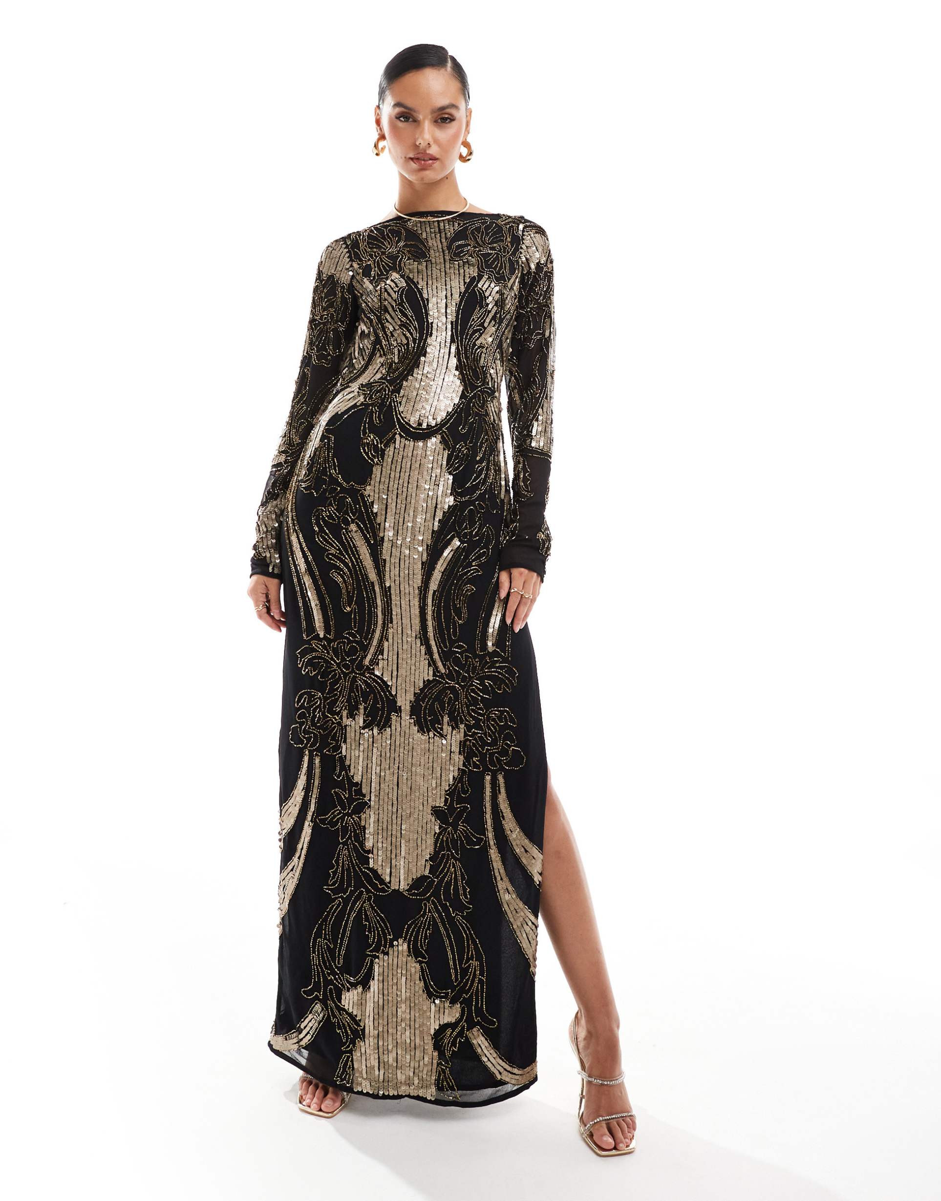 asos design embellished sheer long sleeve column maxi dress with open back in black and gold