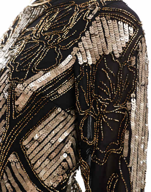 ASOS DESIGN embellished sheer long sleeve column maxi dress with open back in black and gold, 3 of 4