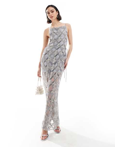 Silver Sequin Knit Corsage Strappy Maxi Dress