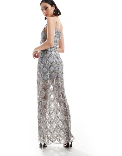 ASOS DESIGN embellished sheer maxi dress with diamante detail in gray