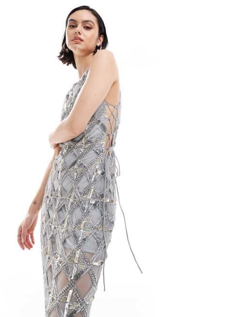 ASOS DESIGN embellished sheer maxi dress with diamante detail in grey