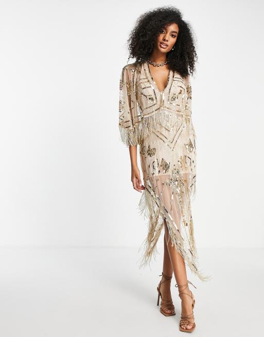 ASOS DESIGN embellished sheer midaxi dress with scarf hem and