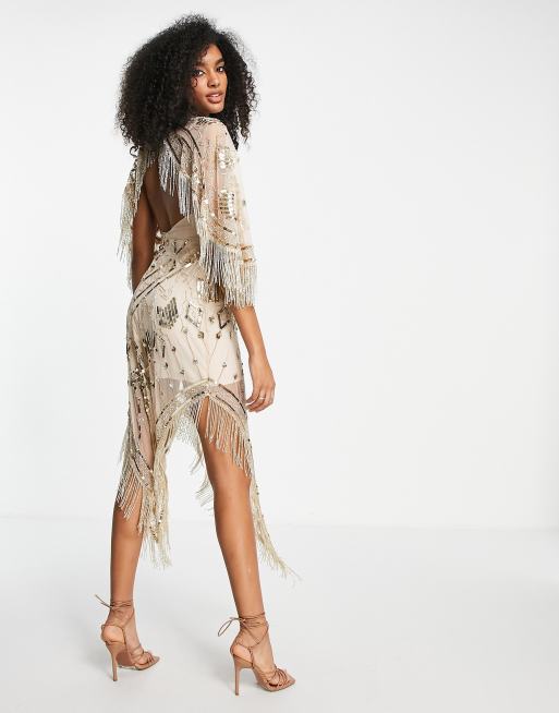 ASOS DESIGN embellished sheer midaxi dress with scarf hem and