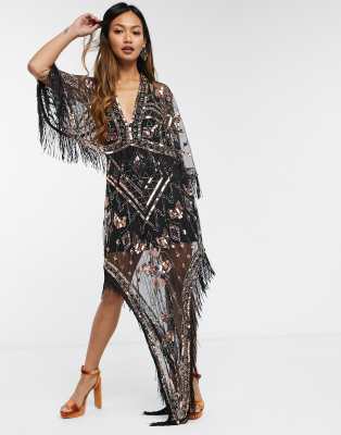 ASOS DESIGN embellished sheer midaxi dress with scarf hem and fringe detail-Multi