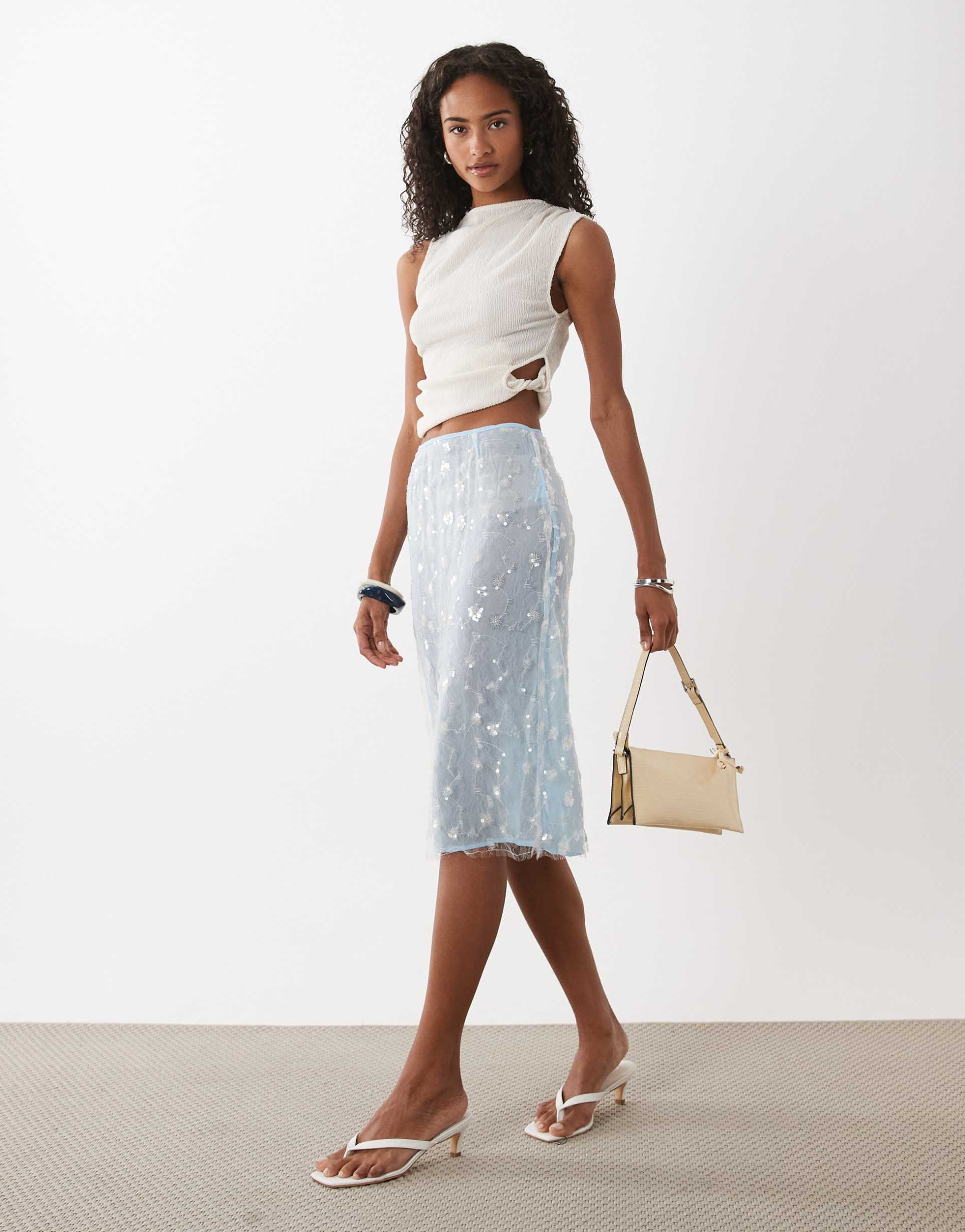 asos design embellished sheer midi skirt in blue