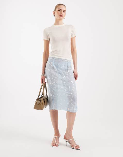 ASOS DESIGN embellished sheer overlay pencil skirt in blue - view 1