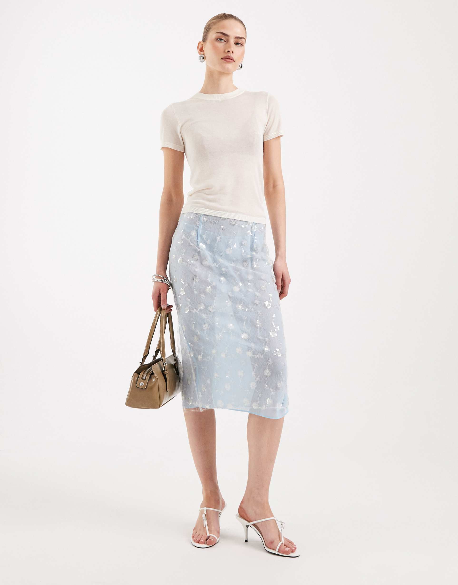asos design embellished sheer overlay pencil skirt in blue