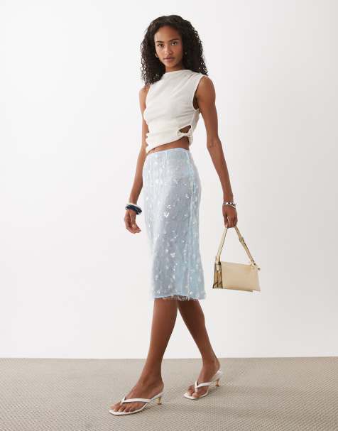 ASOS DESIGN embellished sheer midi skirt in blue