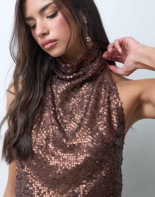 ASOS DESIGN embellished sheer scatter sequin halter top in chocolate, 3 of 5