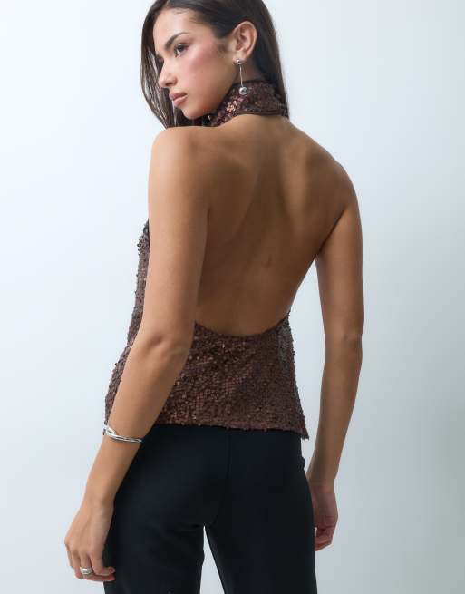 ASOS DESIGN embellished sheer scatter sequin halter top in chocolate, 4 of 5