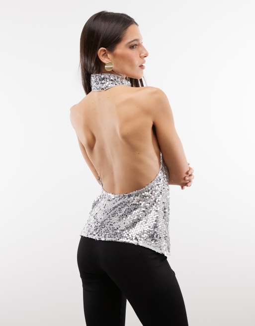 ASOS DESIGN embellished sheer scatter sequin halter top in silver, 3 of 4