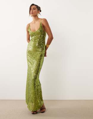Asos Design Embellished Sheer Scattered Sequin Cami Maxi Dress In Green